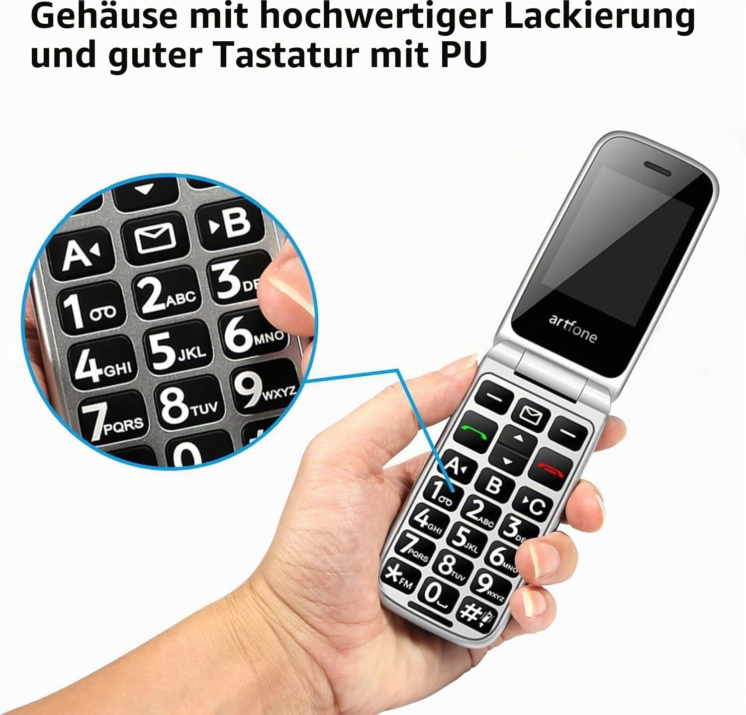 Artfone F30 Klapphandy 4G silbergrau Notruftaste
