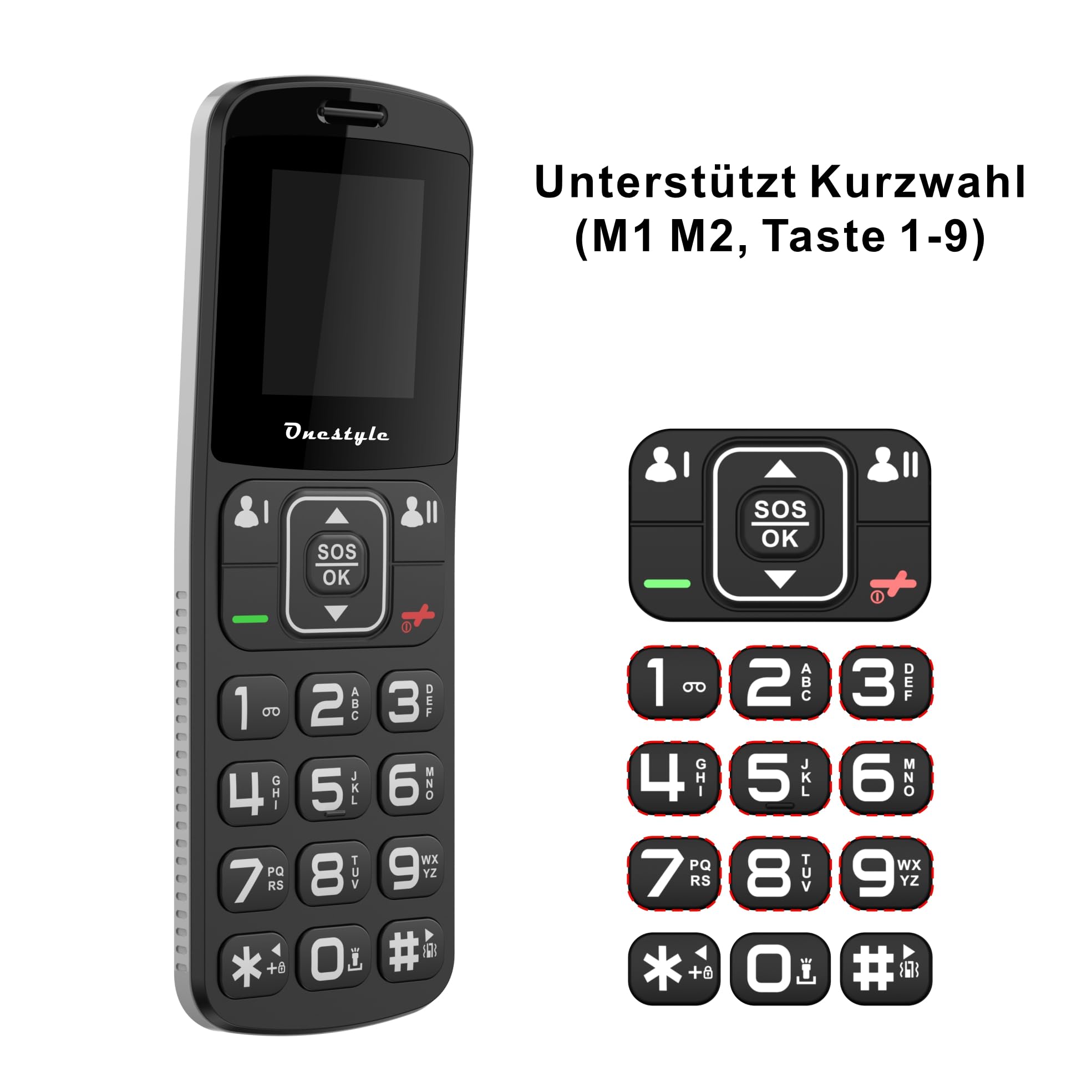 Onestyle GSM Silver II Tastenhandy große Tasten Schwarz mit Ladestation