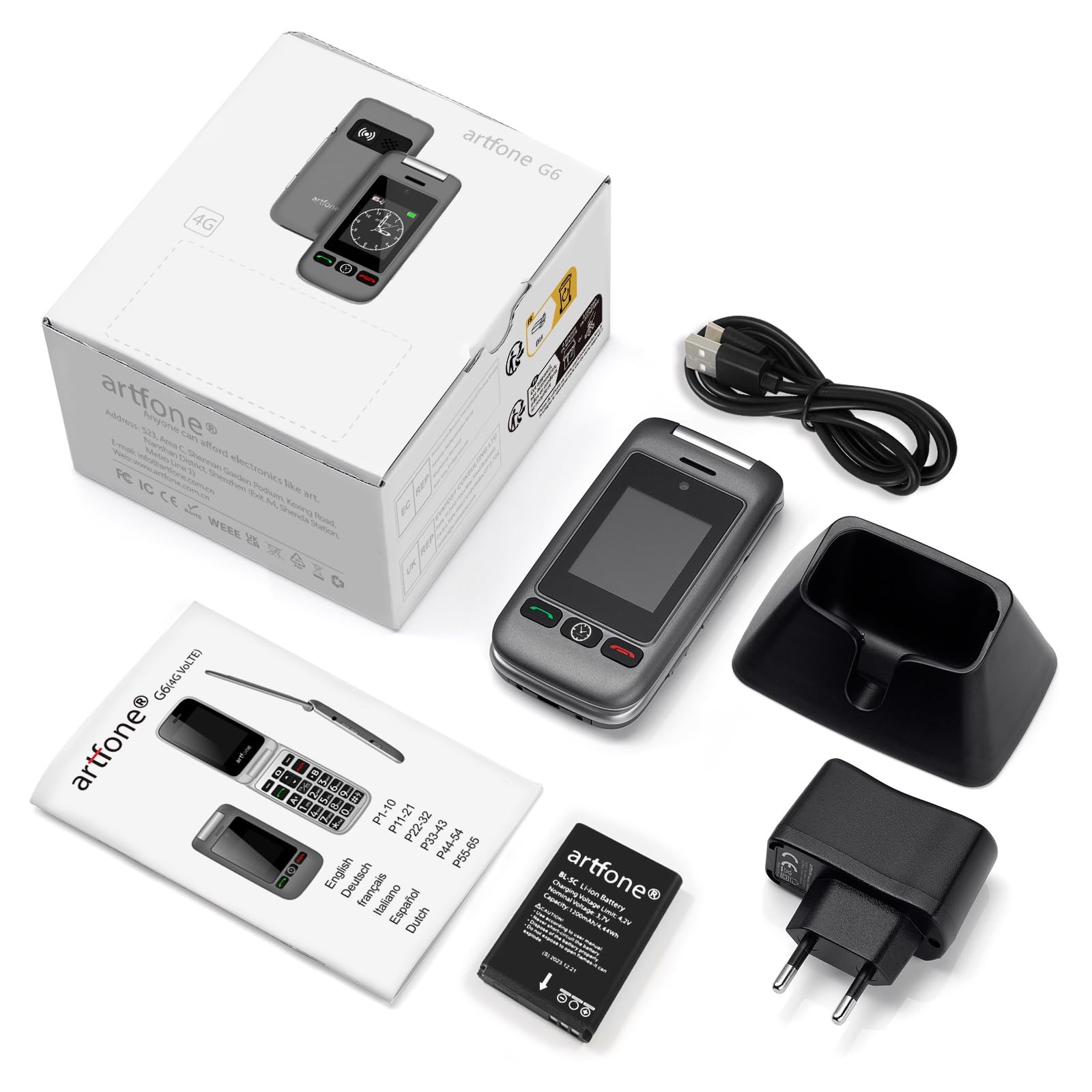 Artfone G6 Klapphandy große Tasten 4G Notruftaste Ladestation Grau