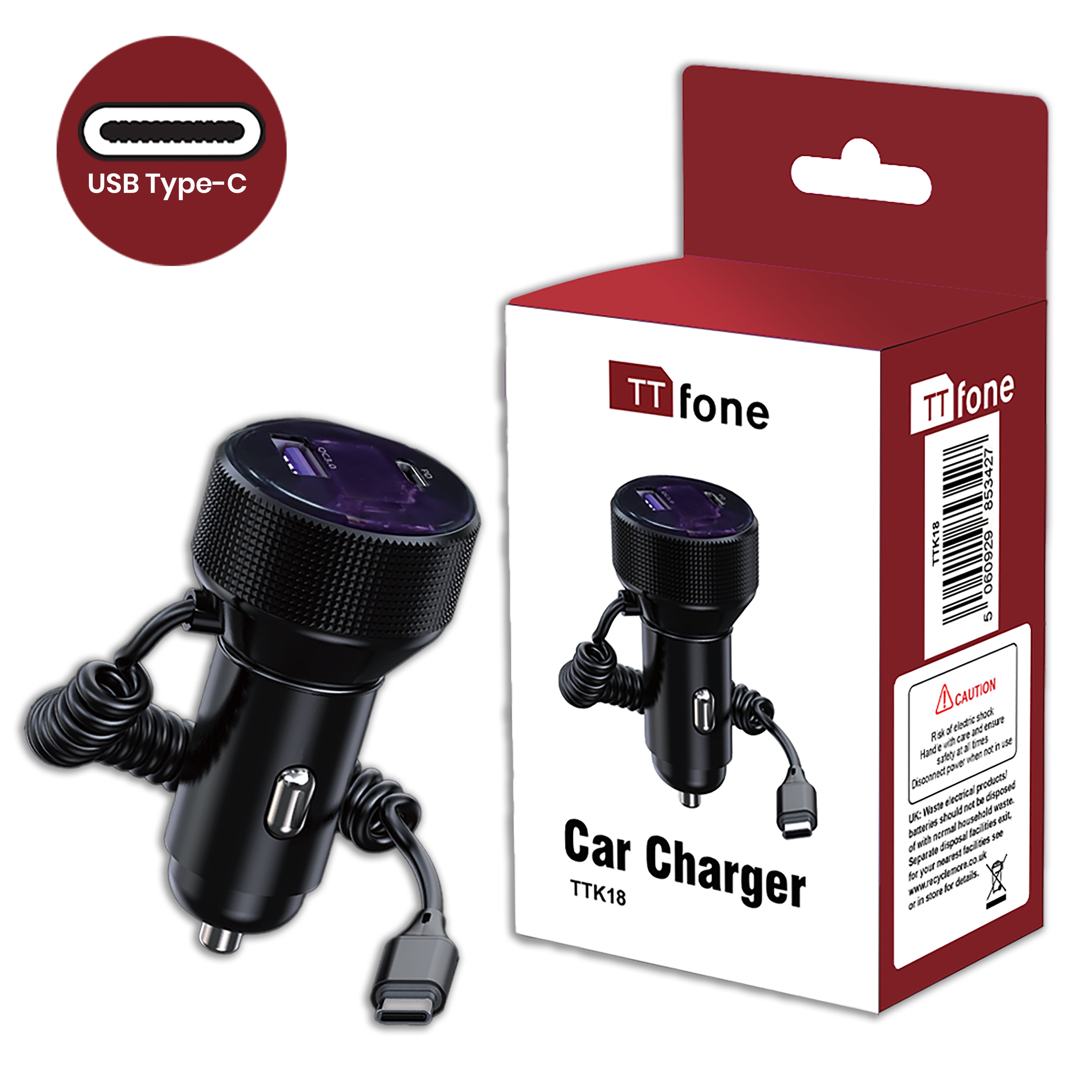 TTfone TTK18 Autoladegerät 12V mit Type-C Kabel