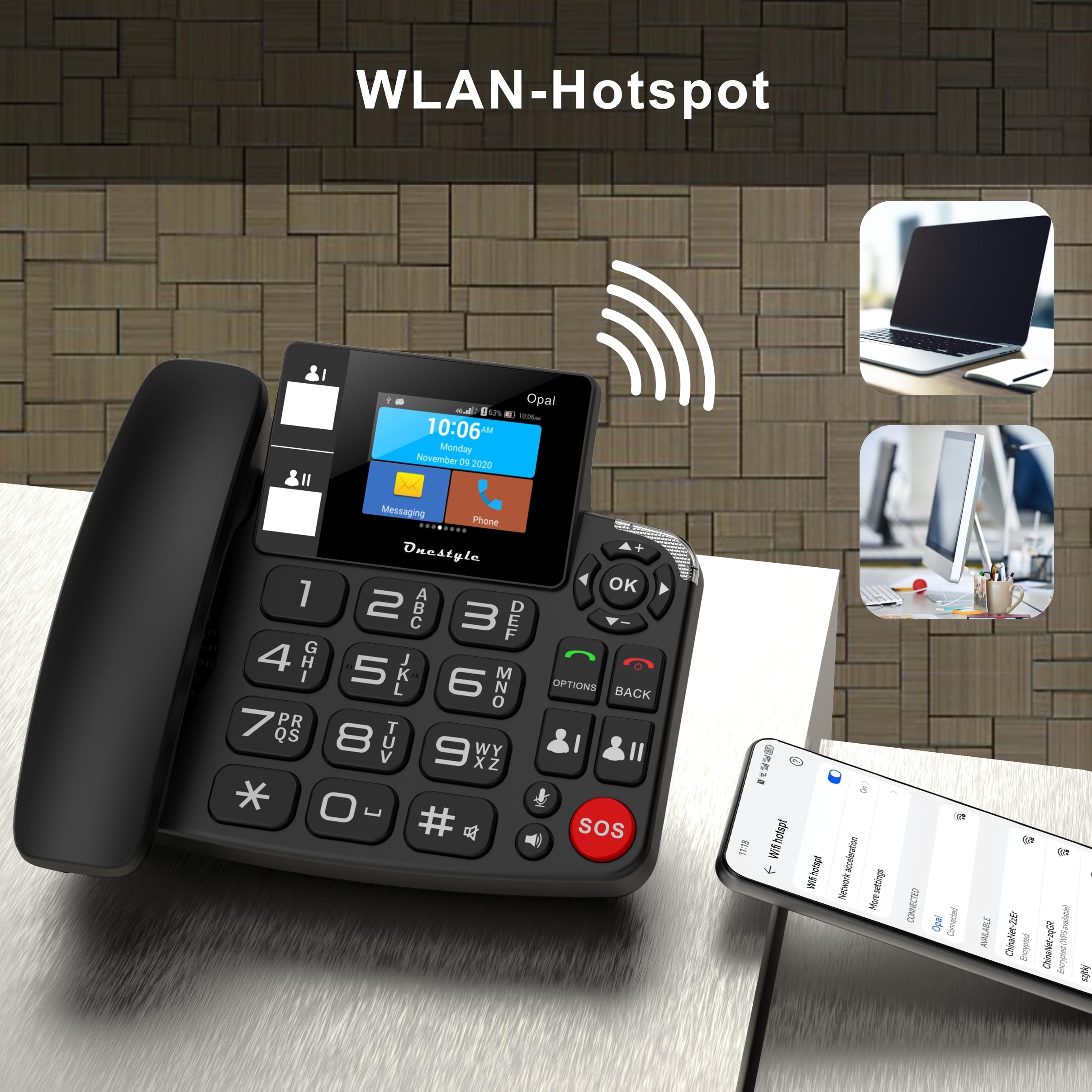 Onestyle GSM Opal Tischtelefon mit Notruftaste WLAN
