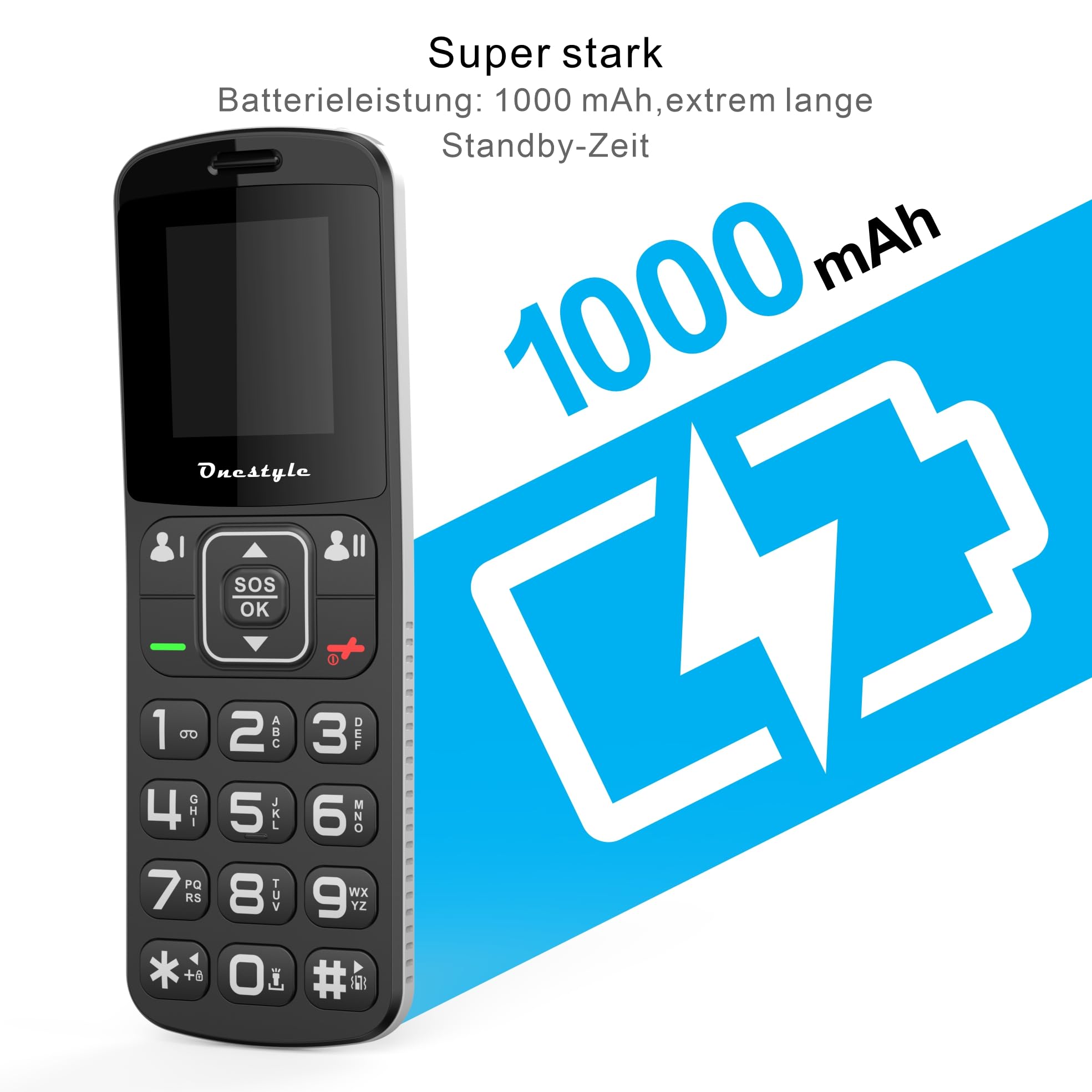 Onestyle GSM Silver II Tastenhandy große Tasten Schwarz mit Ladestation