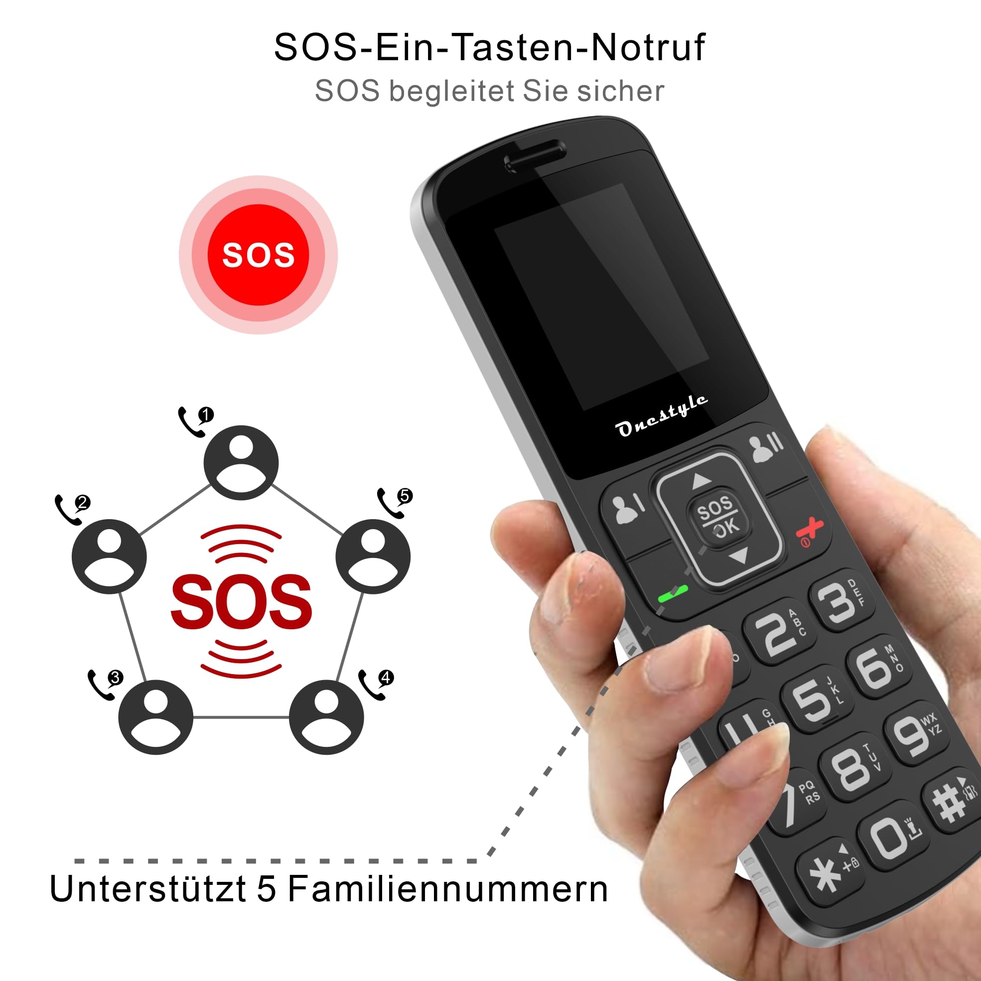 Onestyle GSM Silver II Tastenhandy große Tasten Schwarz mit Ladestation