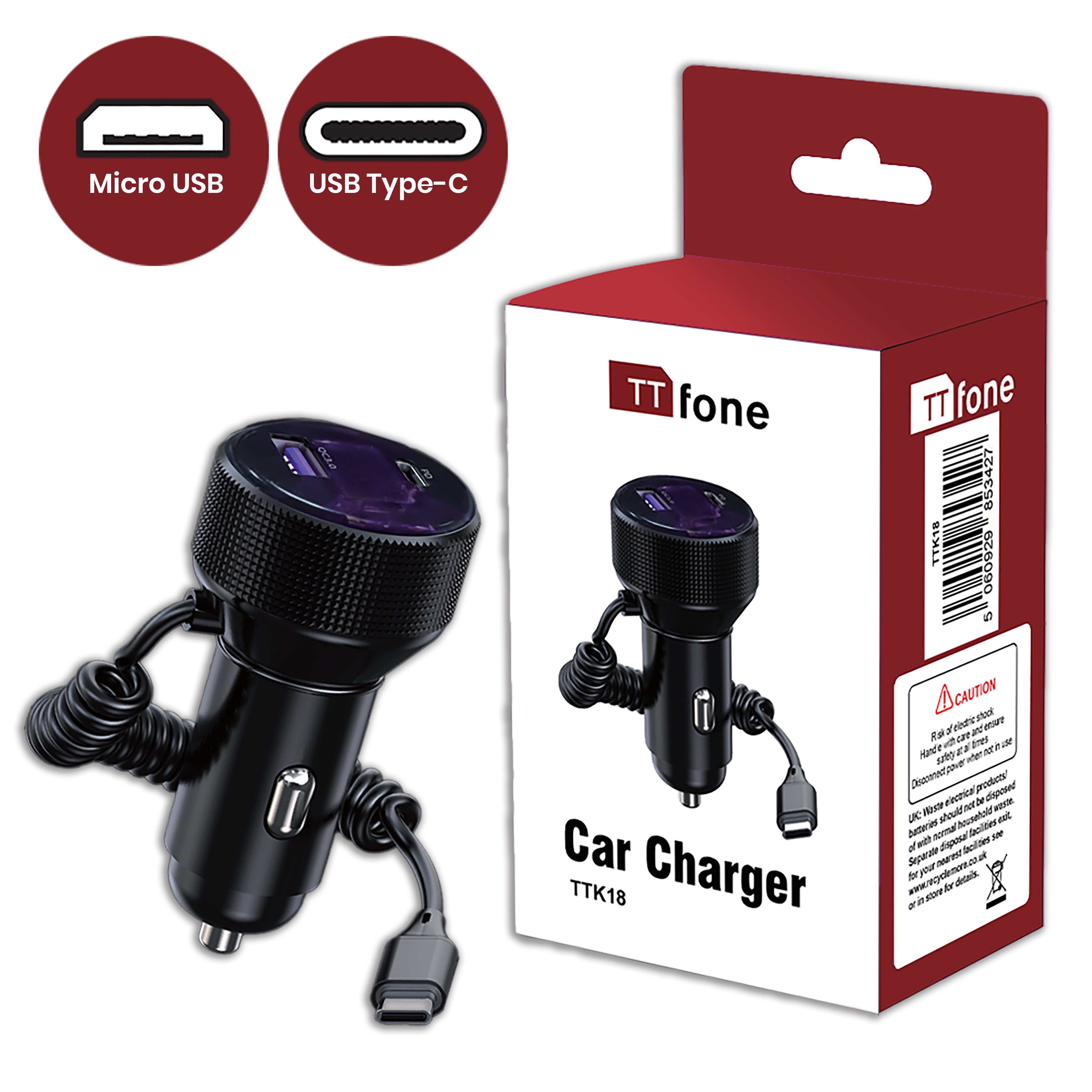 TTfone TTK18 Autoladegerät 12V Micro-USB Type-C