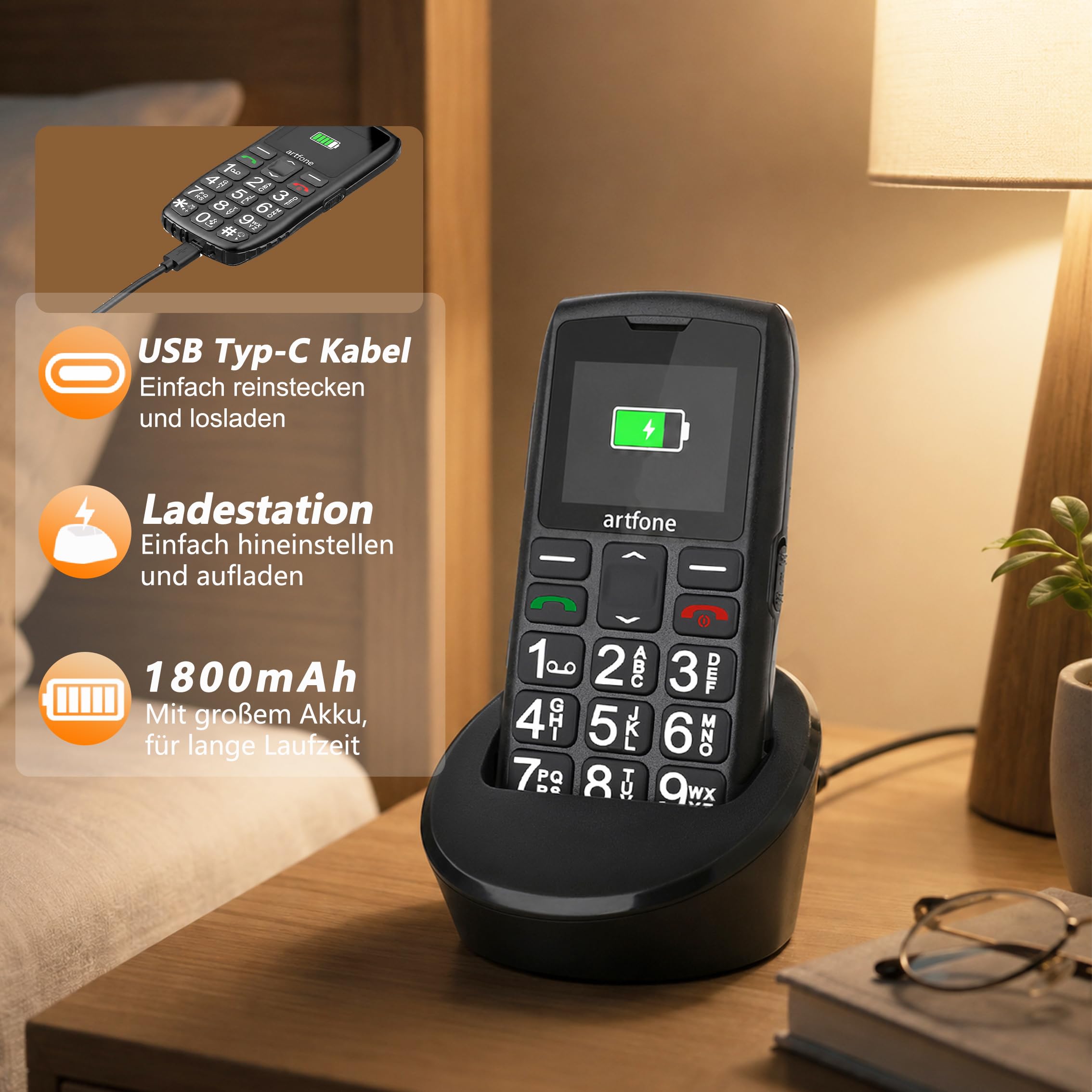 Artfone Seniorenhandy 4G Tastenhandy Notruftaste Ladestation