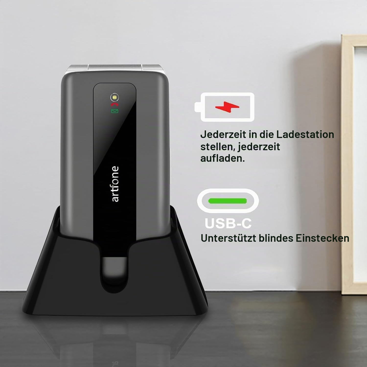 Artfone F30 Klapphandy 4G silbergrau Notruftaste