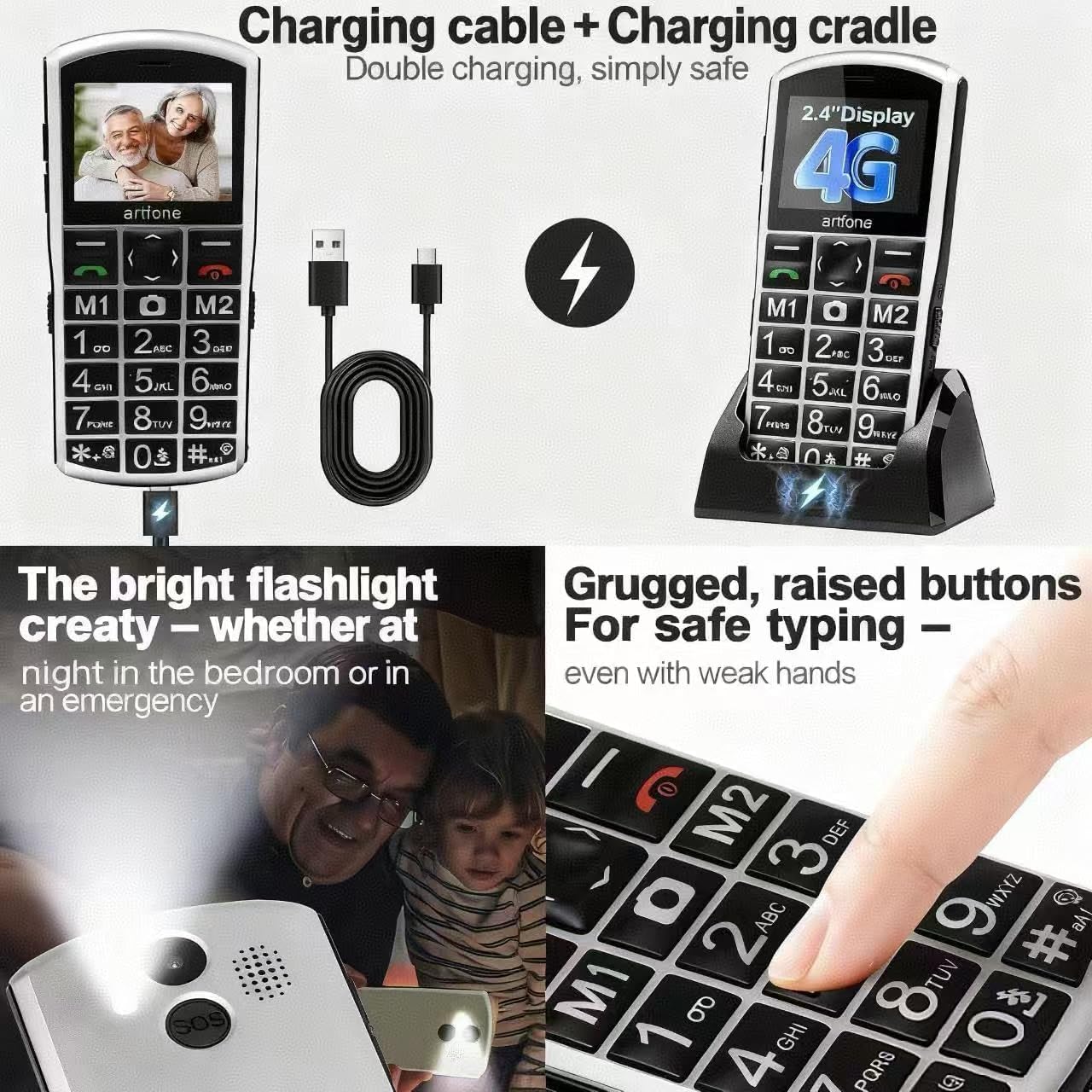 Artfone A400 Tastenhandy große Tasten 4G SOS Ladestation 1800mAh