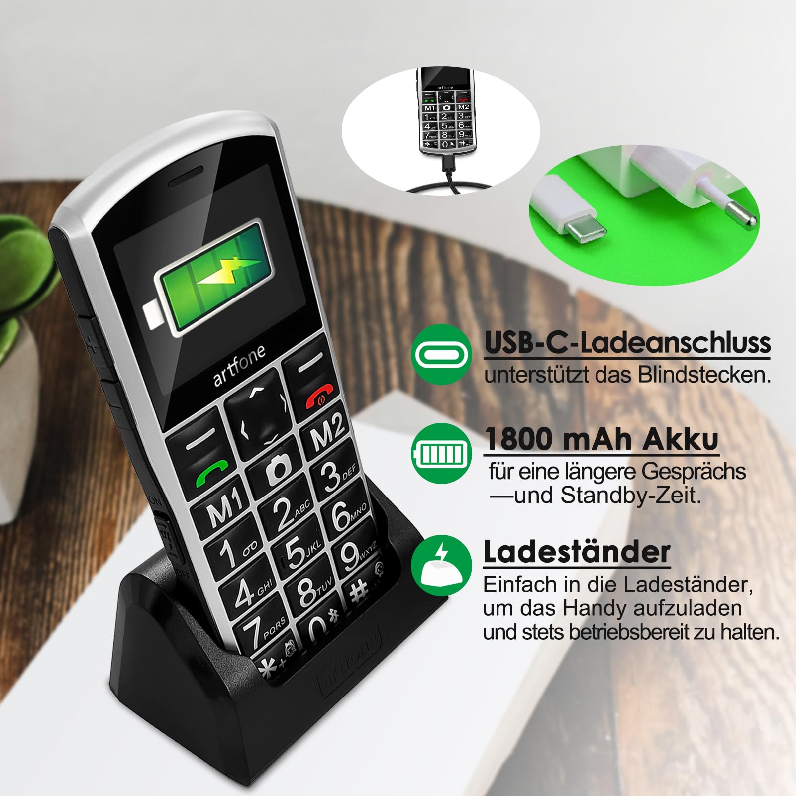 Artfone A400 Seniorenhandy 4G Tastenhandy Notruftaste Ladestation