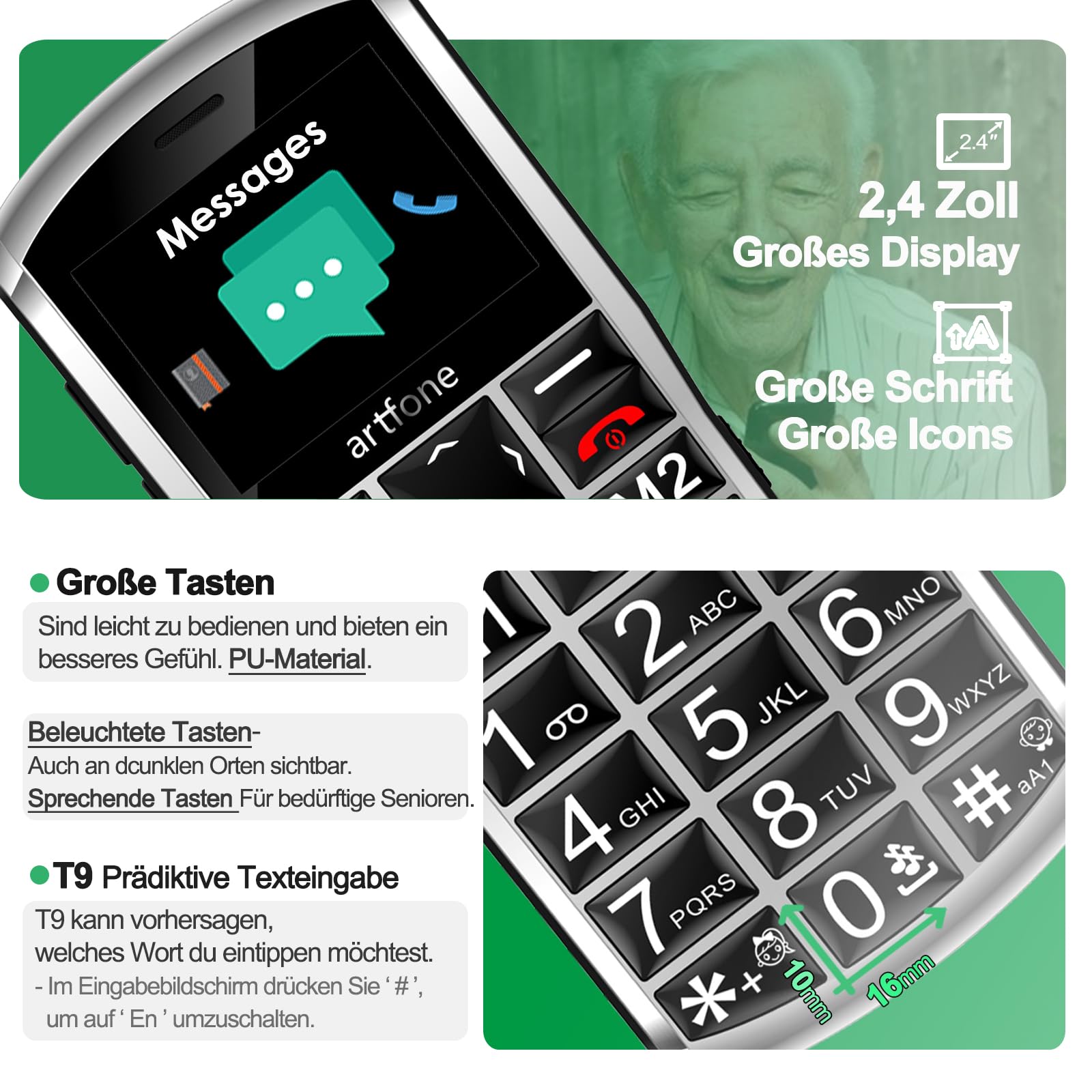 Artfone A400 Seniorenhandy 4G Tastenhandy Notruftaste Ladestation