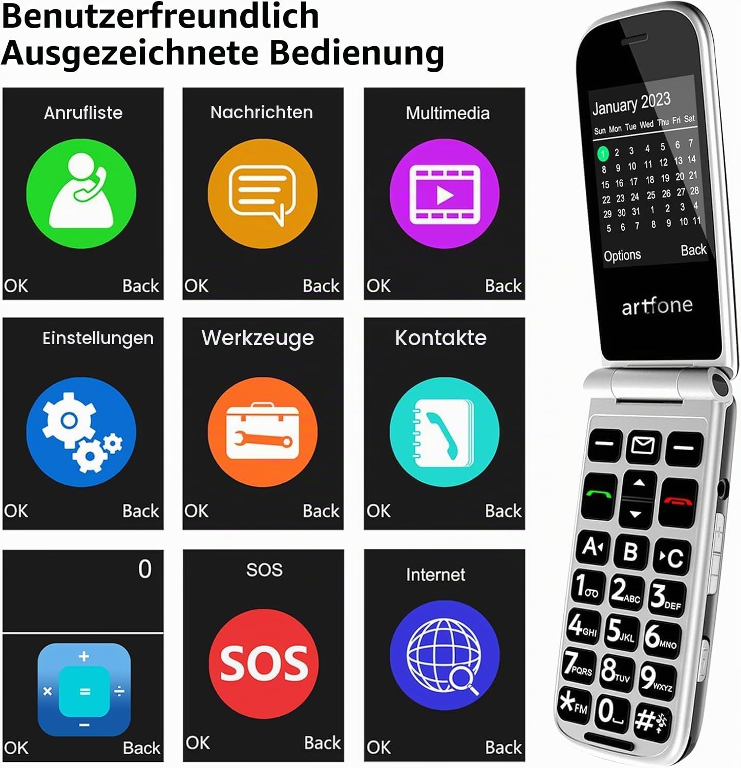 Artfone F30 Klapphandy 4G silbergrau Notruftaste