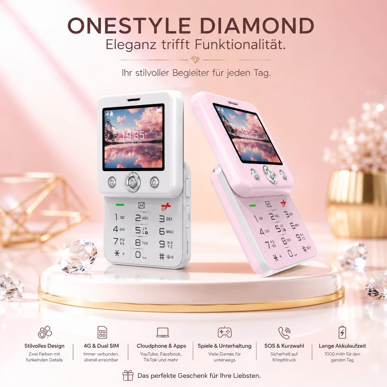 Onestyle GSM Diamond Tastenhandy weiß mit Notruftaste 4G