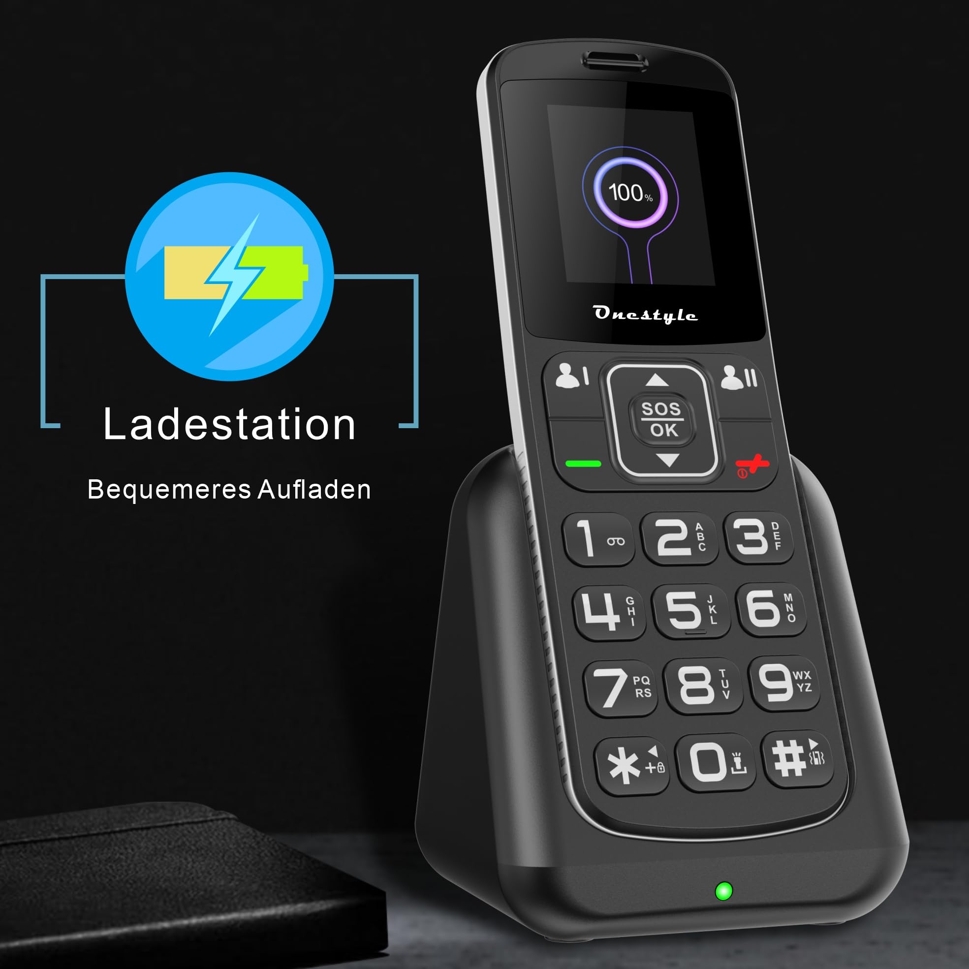 Onestyle GSM Silver II Tastenhandy große Tasten Schwarz mit Ladestation